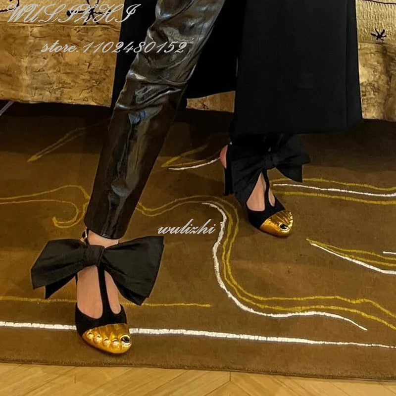 Big Bow Golden Toes Five Split Toes Sexy Sandals Stiletto Heels Women Hollow Metallic Luster Shiny Dress Heels Ankle Straps Shoe