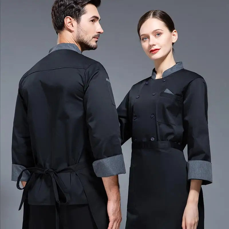Men Red Chef Coat Logo Long Sleeve Chef Jacket for Summer Apron Head Chef Uniform Restaurant Hotel Kitchen Cooking Clothes