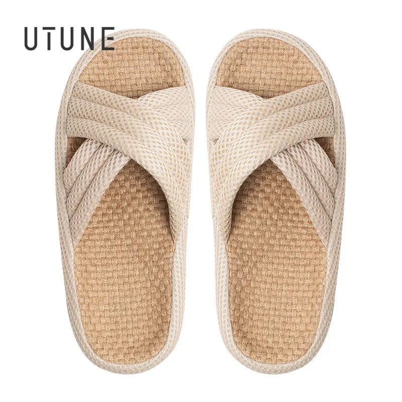 UTUNE Linen Women Slippers Outdoor Summer Mute Light Vacation Travel Comfortable Shoes Anti-slip Flat Thick Sole Home Slides