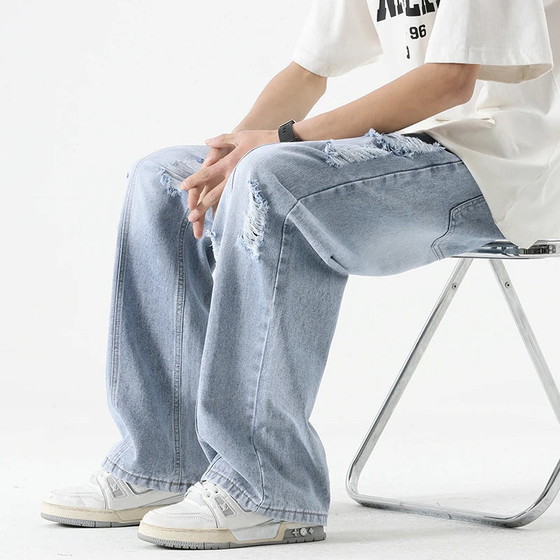 Men's Summer Ripped Jeans Loose Straight Leg