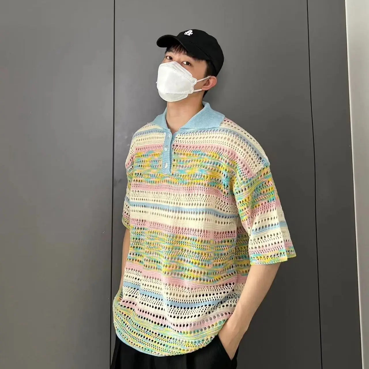 Vintage Colour Stripe Hollow Lapel Collar Short Sleeved T-shirt Knitting Men Summer Loose Comfortable Refreshing POLO Shirt