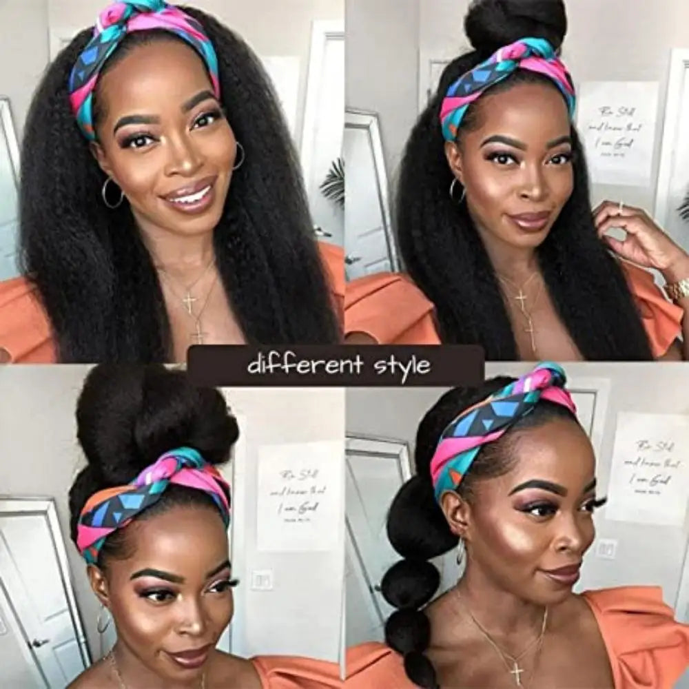 Kinky Straight Headband Wig Human Hair Yaki Headband Wig Full Machine Made Wigs  Yaki Natural Color Brazilian Remy Hair Wig 180%