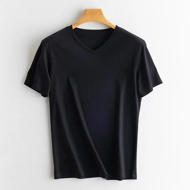 Birdtree 7% Silk 62% Cotton Short Sleeve T-Shirt Men Thin Loose Breathable Basic Solid Cultural T-Shirt 2024 Summer T41479QC