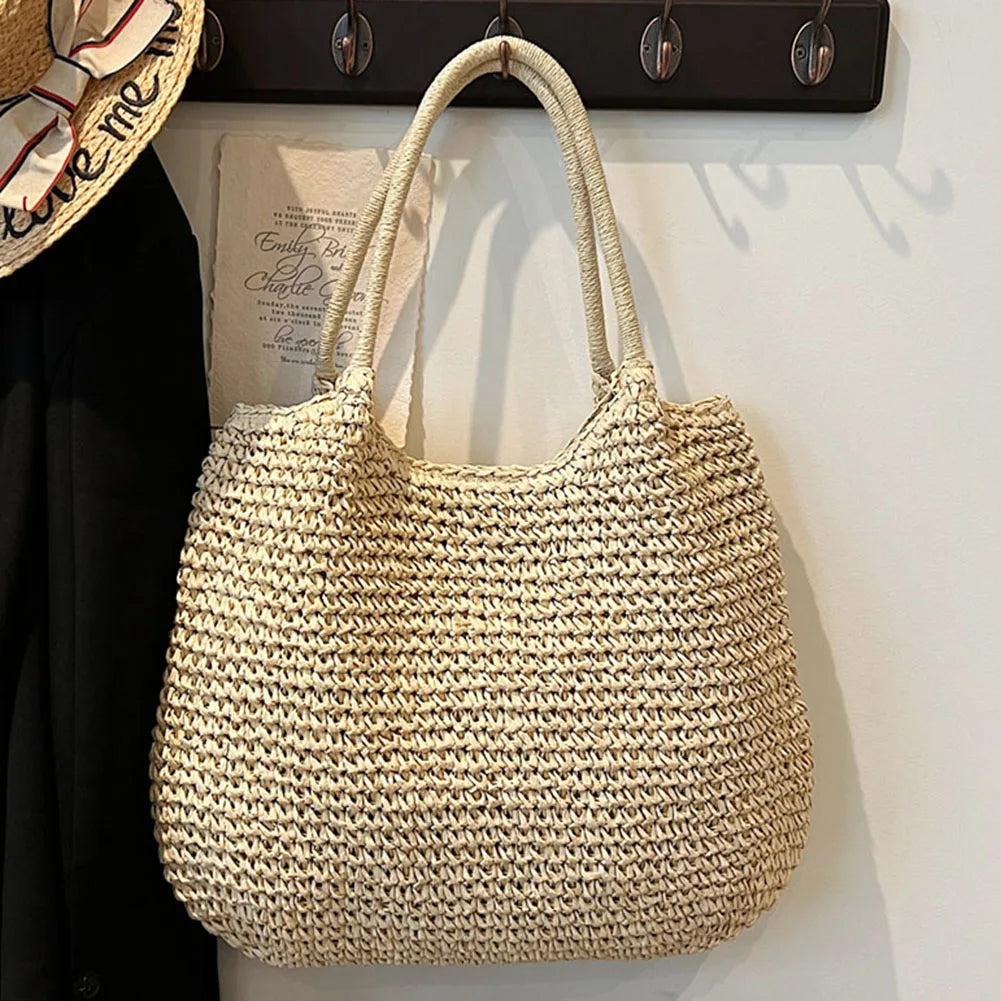 2024 Summer Daily Bag Women Vintage Shoulder Bag Hasp Closure Crochet Beach Handbag Solid Color Simple Weaving Handbag Ladies