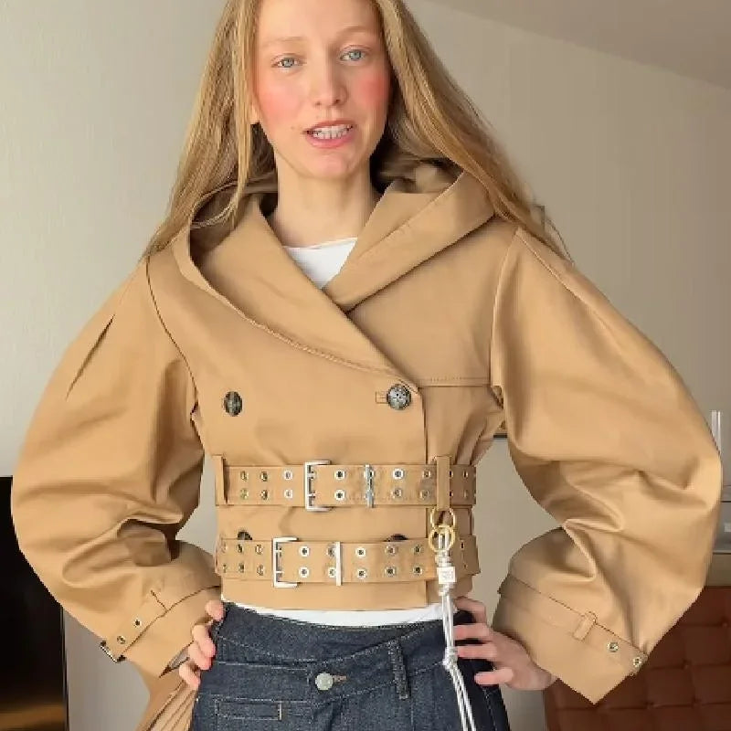 Women's Long Trench Coat Double Breasted Hooded Punk Crop Jackets With Belt Waist-Cinched Windbreakers 2025 Autumn Lady Outwears