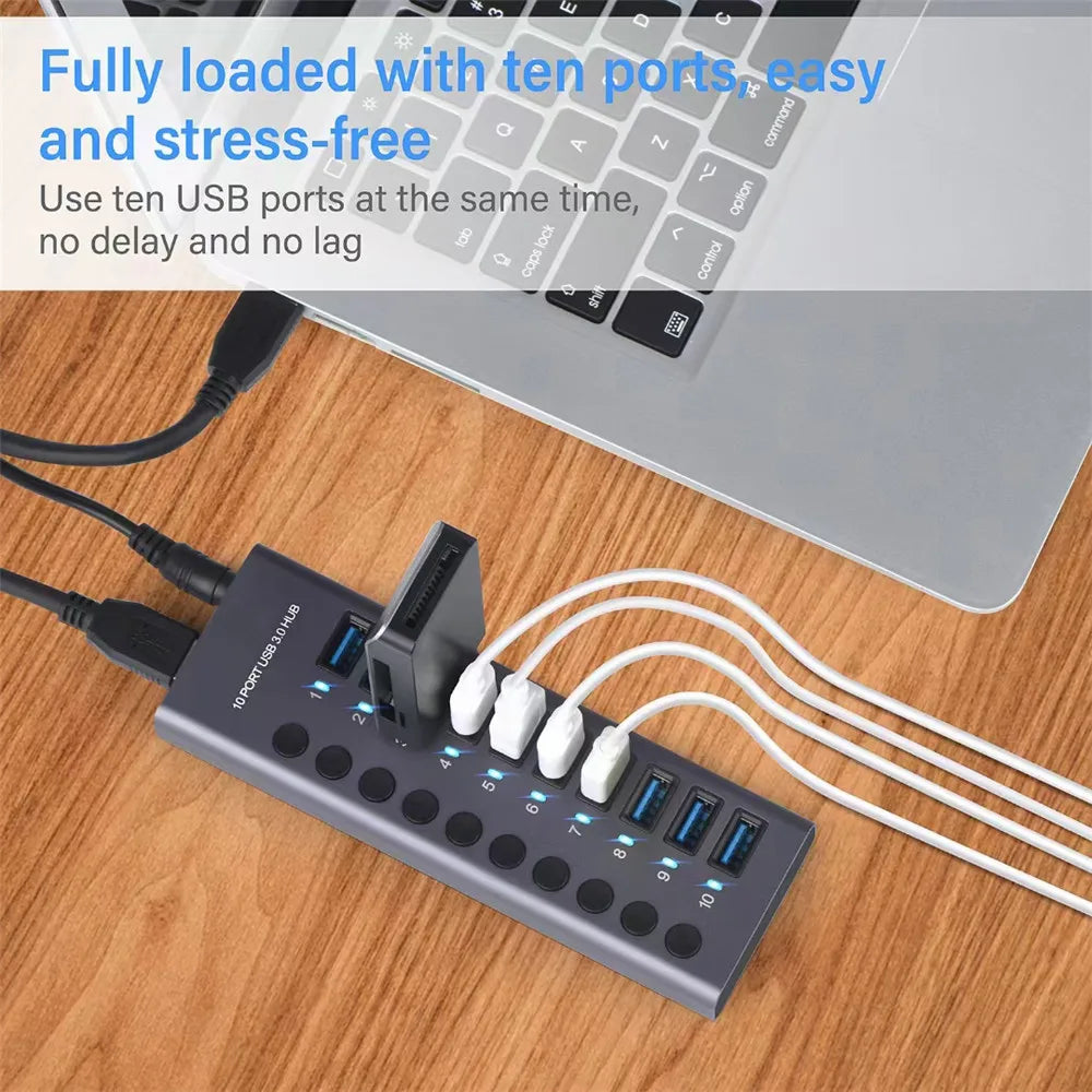 MZX USB 3.0 Hub Aluminum Multi Port Splitter with Power Adapter and Switch