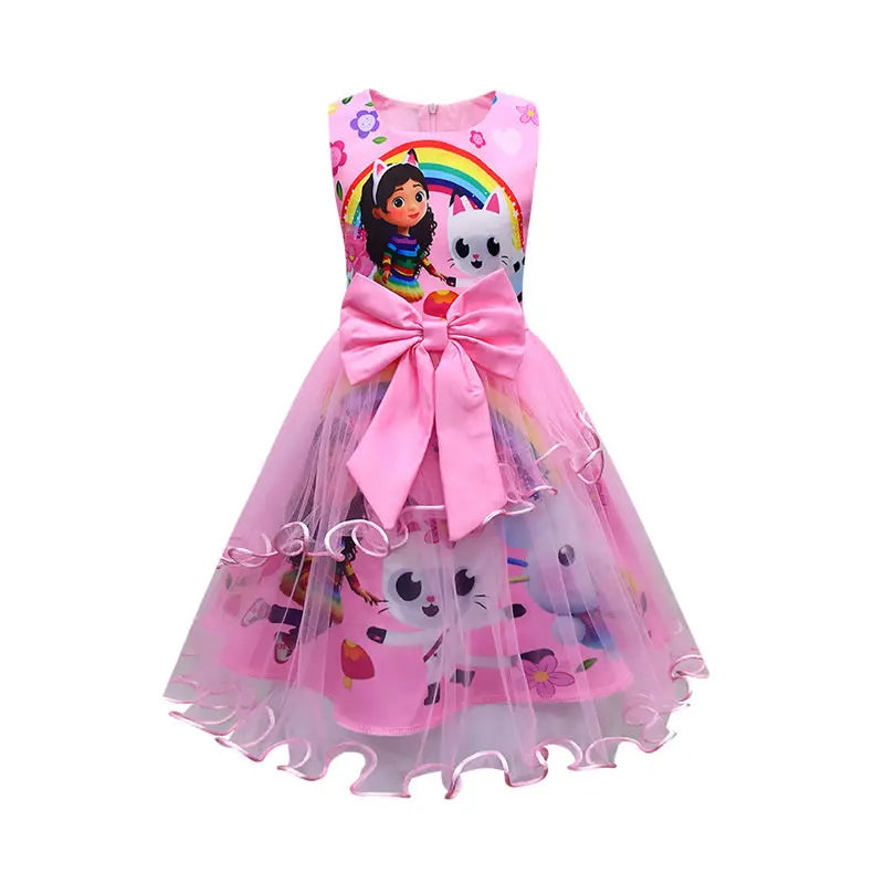 Summer Gabbys Dollhouse Costume For Baby Girl Lace Dress Fashion Kid Up Bow Print Princess Frock Children Tunic Clothes