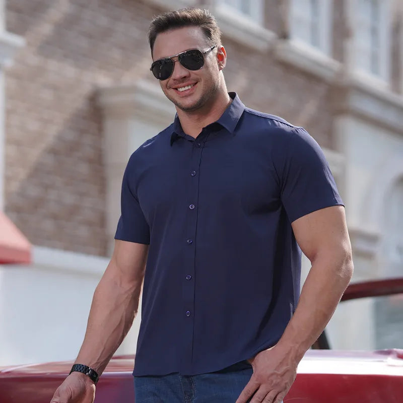 Oversized Shirts for Men Summer Thin Casual Loose Shirt Plus Size Business Shirt Big Size Short Sleeve Pure Color Tops 68-175KG