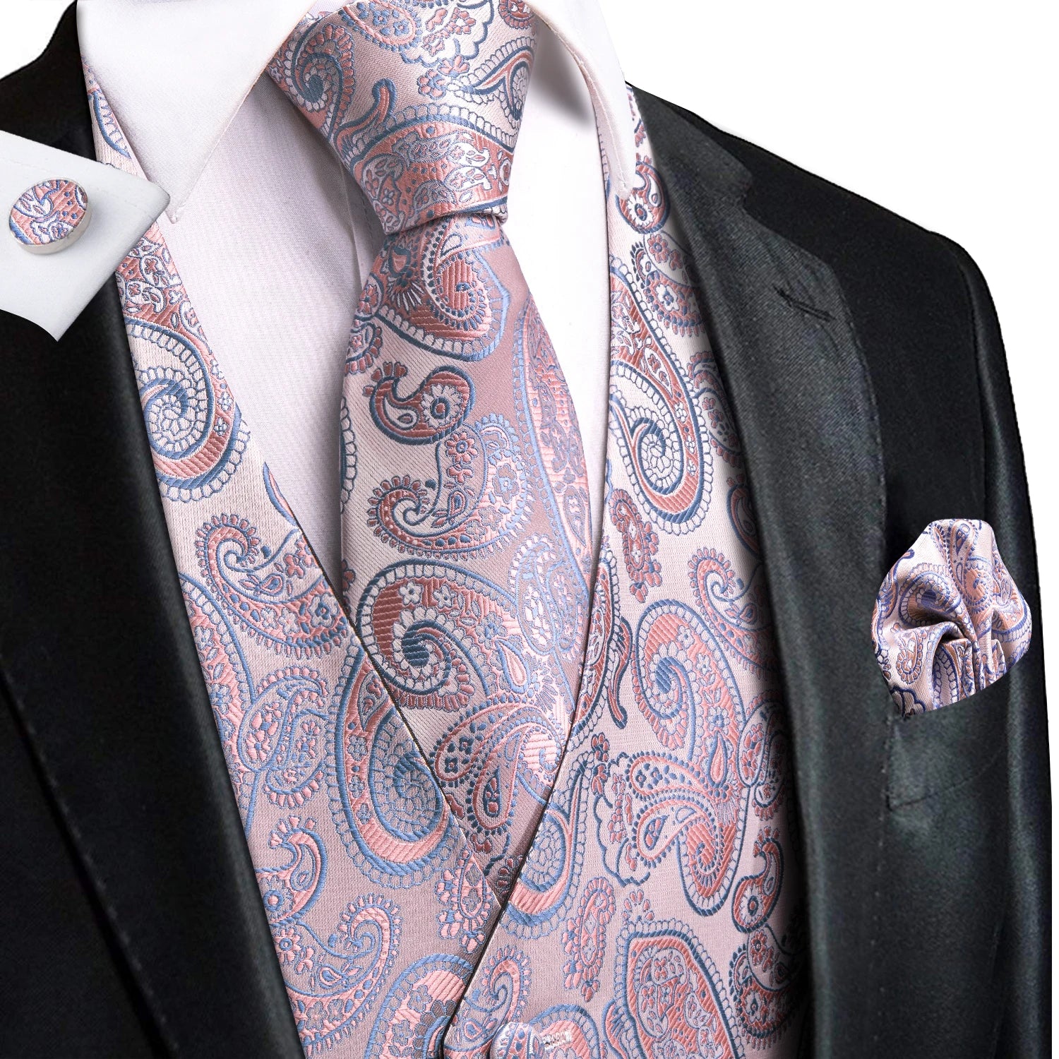 Hi-Tie Men's Silk Vests Fashion Dark Green Floral Jacquard Handkerchief Cufflinks Necktie Sleeveless Wistcoat Sets Wedding Party