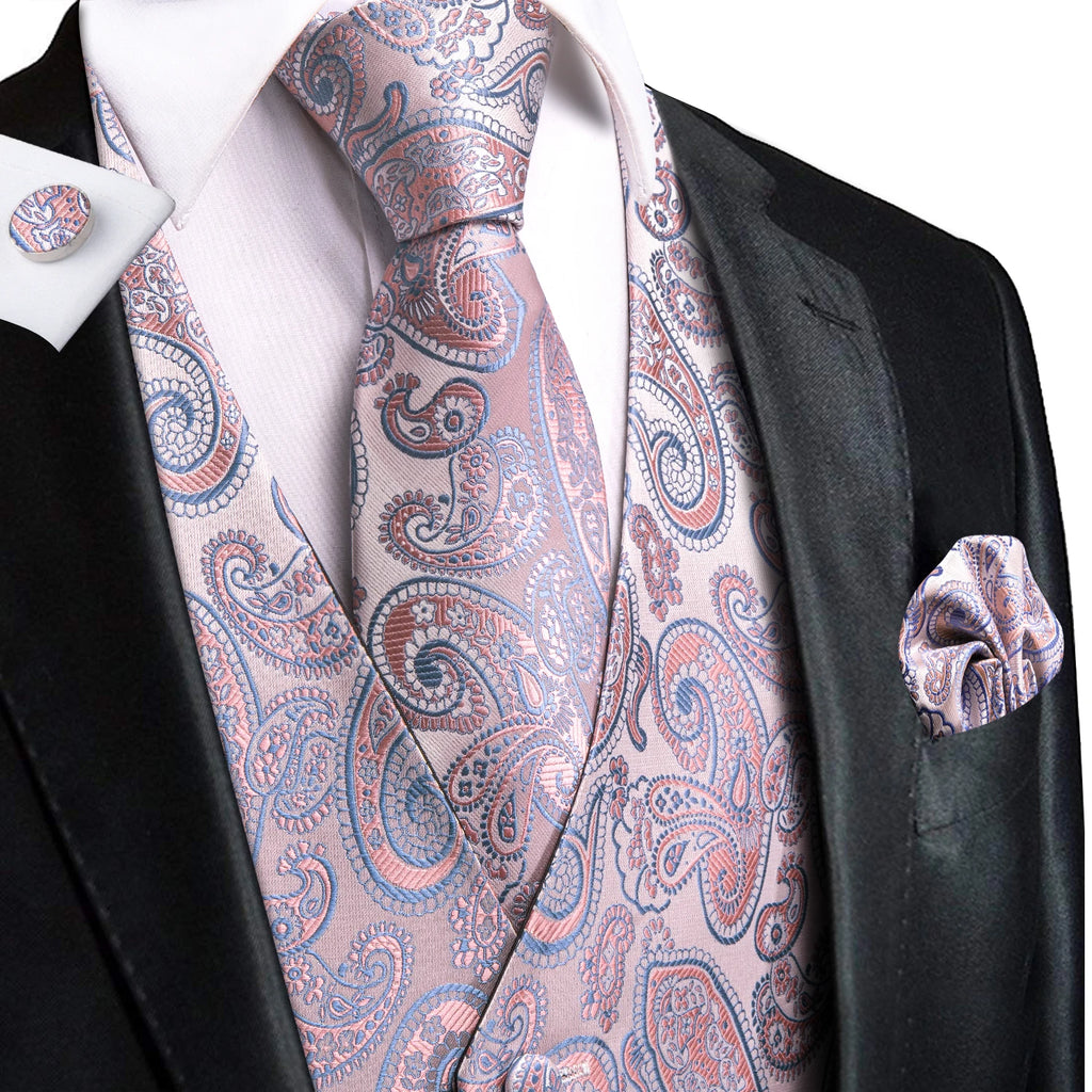 Hi-Tie Men's Silk Vests Fashion Dark Green Floral Jacquard Handkerchief Cufflinks Necktie Sleeveless Wistcoat Sets Wedding Party