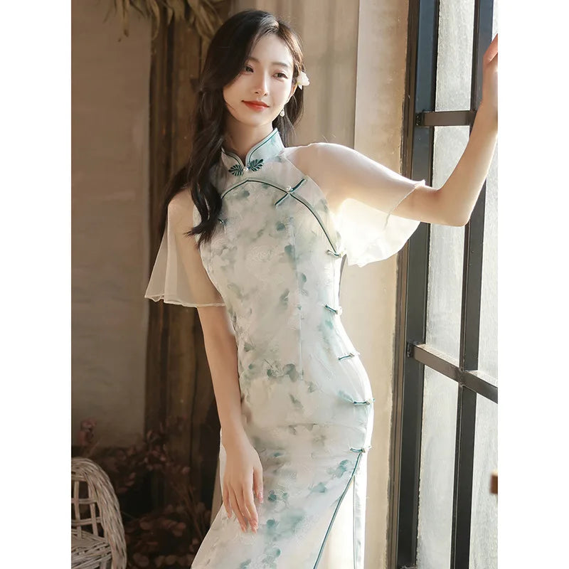 2024 Summer Cheongsam New Fairy Young Style Elegant Retro Qipao Girl Small Fresh Length Modern Oriental Dress