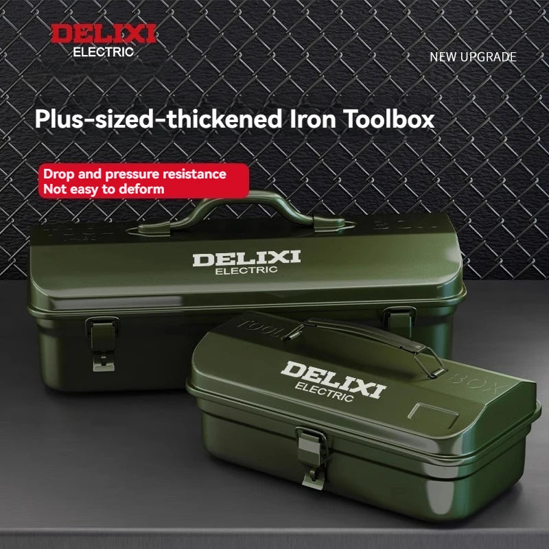 DELIXI Thicked Iron Tool Box Multi-functional Hard Case Industrial Tools Storage Box Household Car Hand-held Steel Storage Box