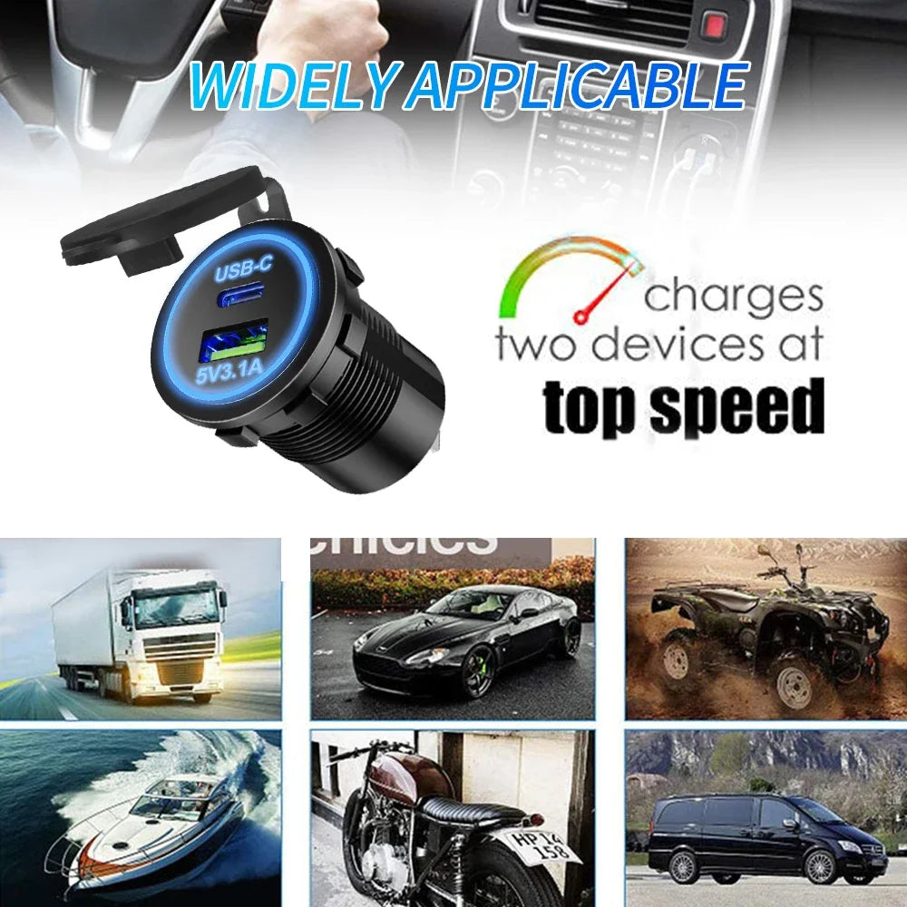 Universal Motorcycle Car Charger LED Light USB TYPE-C Charger Power Socket Cigarette Waterproof Light for Auto Truck ATV Boat