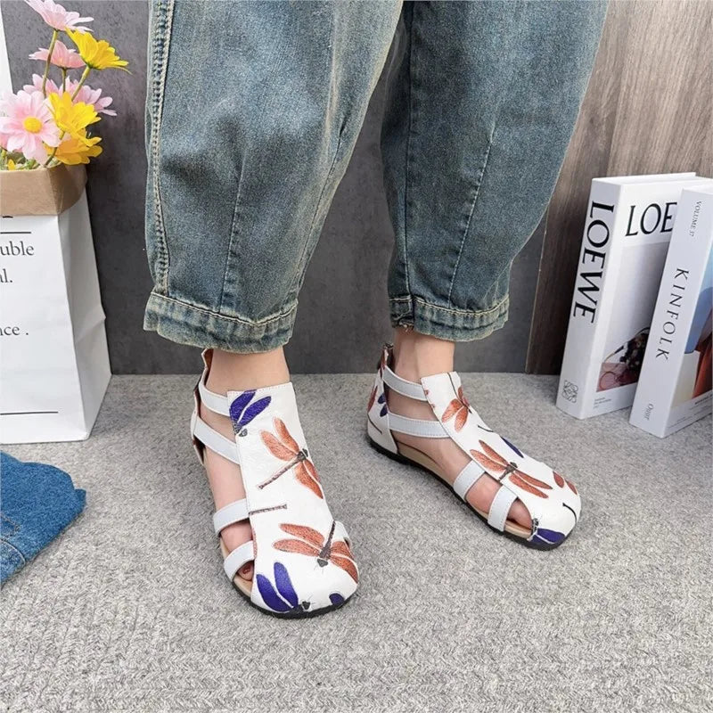 Johnature Genuine Leather Printed Roman Sandals 2025 Summer New Back Zippered Flat Hollow Round Toe Women's Shoes