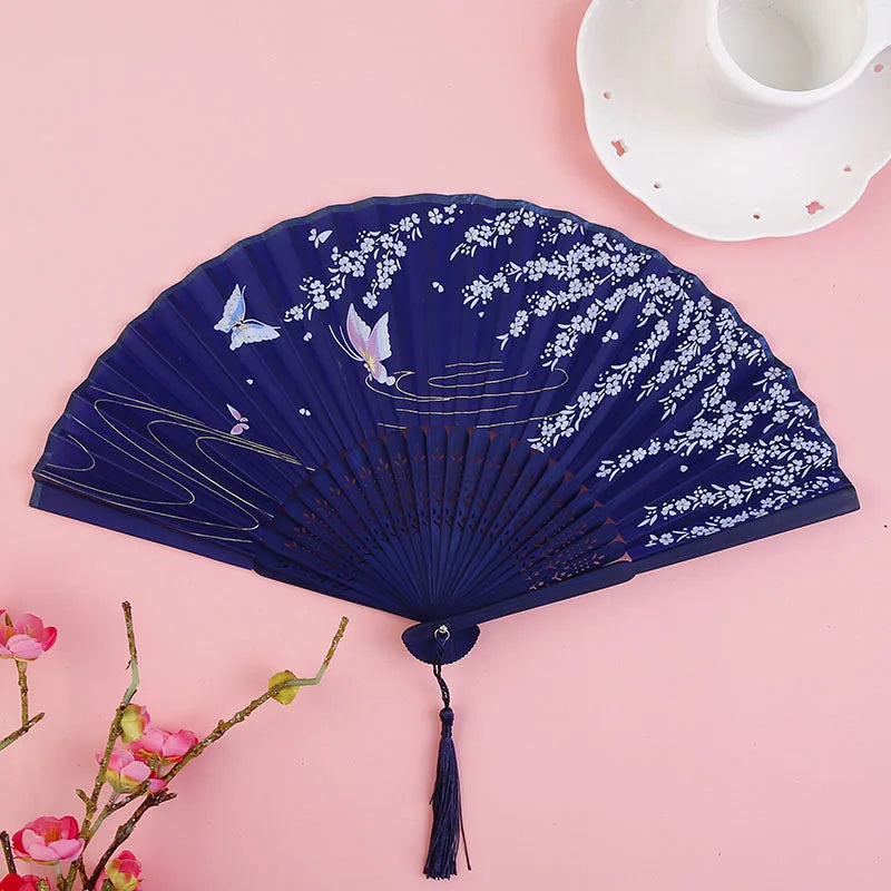 Chinese Bamboo Silk Hand Folding Fan Black