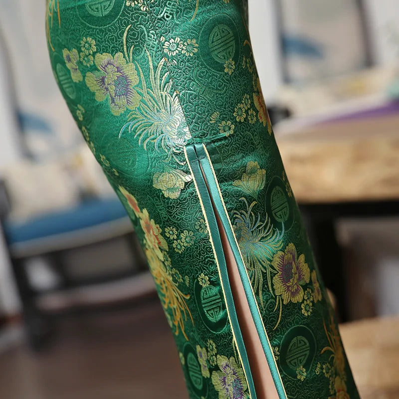 Green Brocade Satin Qipao Flower Mandarin Collar Cheongsam High Split Vestidos Oriental Bride Wedding Dresses Summer Party Gown