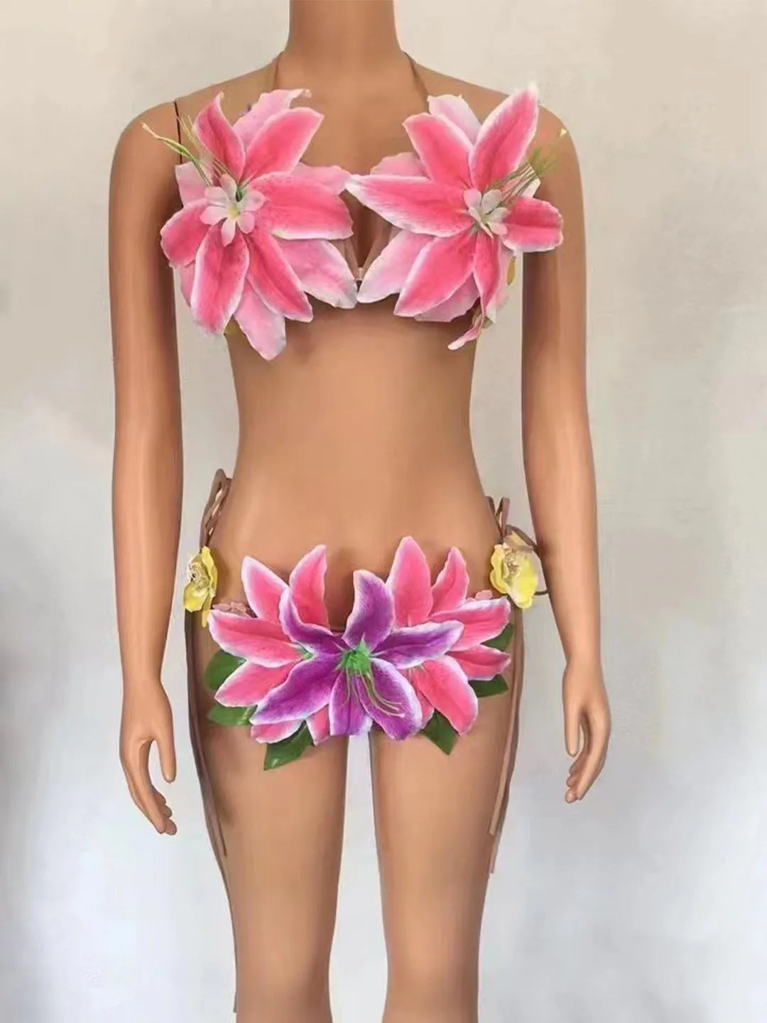 Sexy Colorful Big Flowers Transparent Bikini Dress Women Dancer Show Stretch Stage Costume Outfit Evening Prom Party Biniki Set