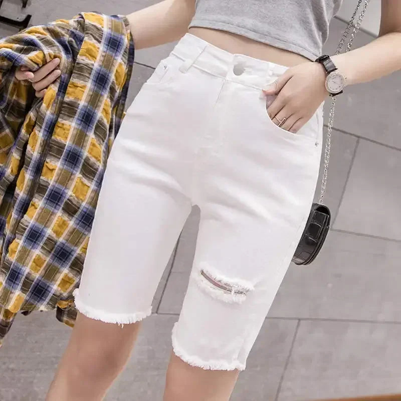 Black White Straight Stretch Denim Shorts Women Midi Jeans Summer Shorts Women Streetwear Hole Ripped High Waist Shorts C7336
