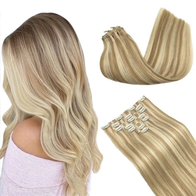 PU Clip in Extensions Human Hair Clip in Natural Thick Straight Hair Extensions Seamless Skin Weft Clip-on Hair Pieces 150G