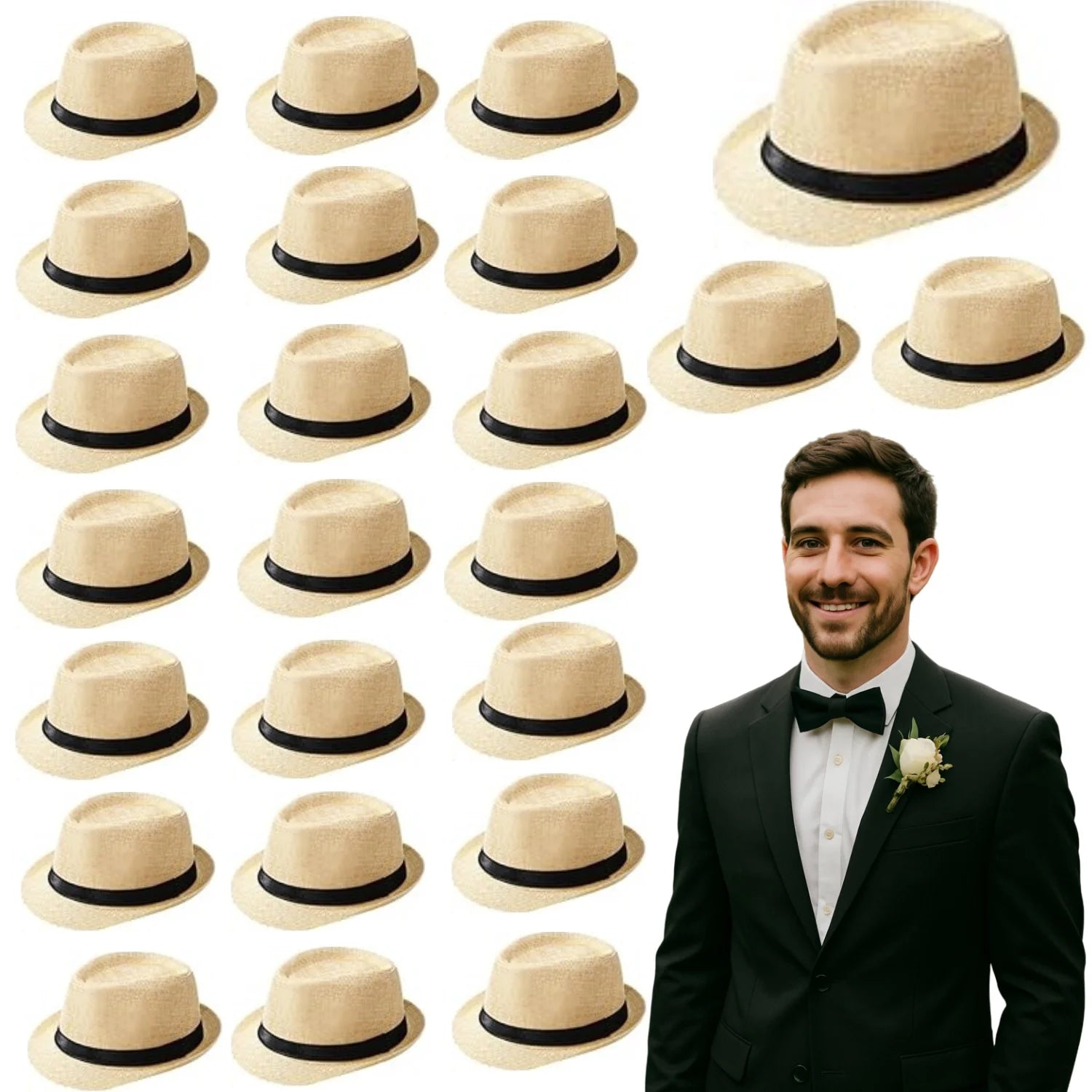 10-24 Pack 1920s Straw Hats Bulk for Men Short Brim Sun Panama Hats for Women Party Costume Wedding Favors, Circumference 58 cm