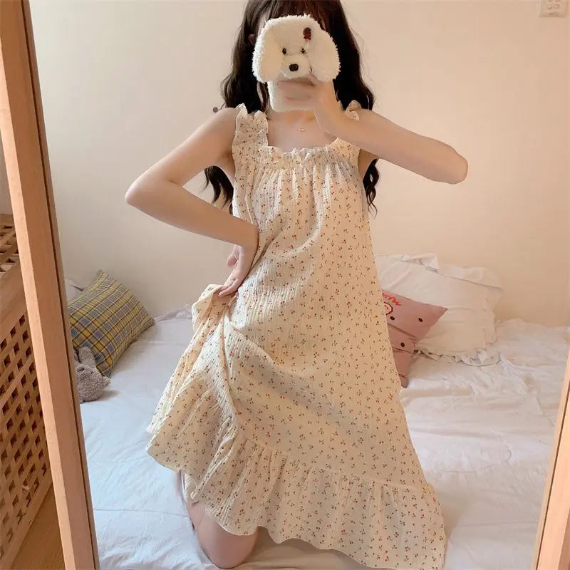 Cherry Nightgown Sleepwear Women Korean Ruffles Summer One Piece Pajamas Dress Sleeveless Night Sleeping Slash Neck Home Wear