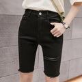 Black White Straight Stretch Denim Shorts Women Midi Jeans Summer Shorts Women Streetwear Hole Ripped High Waist Shorts C7336