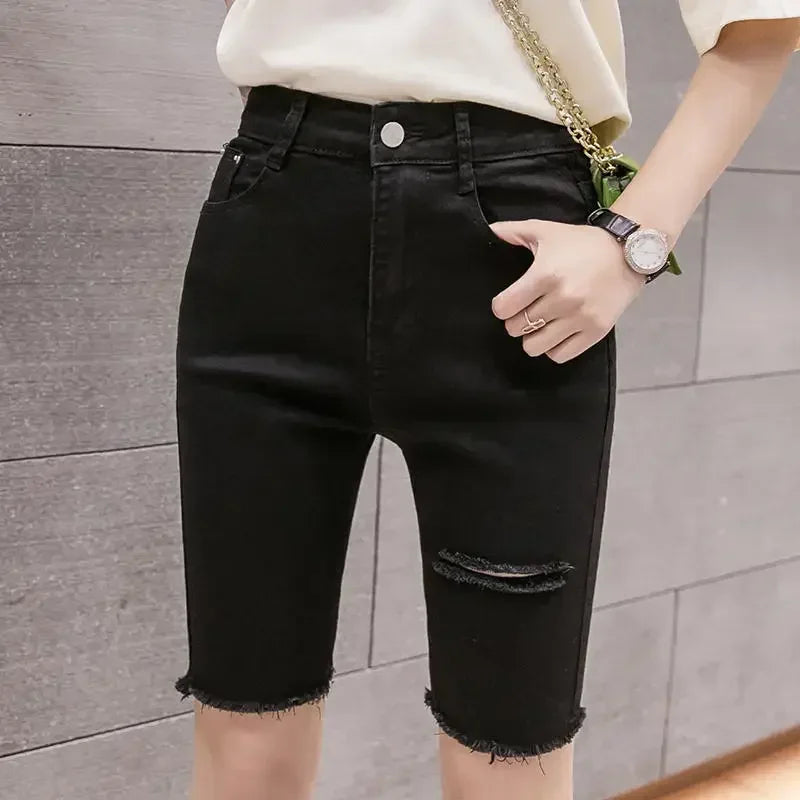 Black White Straight Stretch Denim Shorts Women Midi Jeans Summer Shorts Women Streetwear Hole Ripped High Waist Shorts C7336