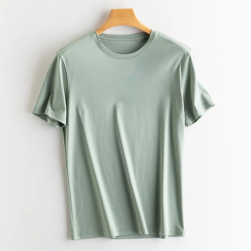 Birdtree 7% Silk 62% Cotton Short Sleeve T-Shirt Men Thin Loose Breathable Basic Solid Cultural T-Shirt 2024 Summer T41479QC