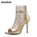 Aneikeh NEW Summer Glitter Gladiator Air mesh Sexy Sandals Shoes Woman High Heel Peep Toe Stripper Zipper Party Thin Heels Pumps