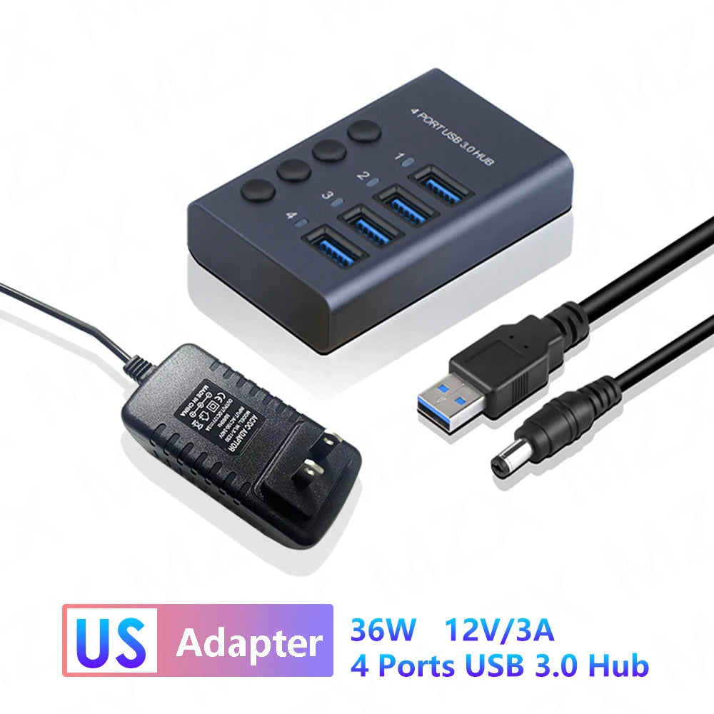 MZX USB 3.0 Hub Aluminum Multi Port Splitter with Power Adapter and Switch