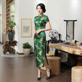 Green Brocade Satin Qipao Flower Mandarin Collar Cheongsam High Split Vestidos Oriental Bride Wedding Dresses Summer Party Gown