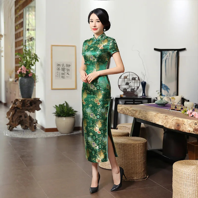 Green Brocade Satin Qipao Flower Mandarin Collar Cheongsam High Split Vestidos Oriental Bride Wedding Dresses Summer Party Gown