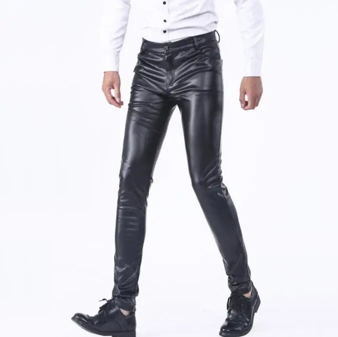 2024 New Men's Leather Pants Fashion Slim PU Trousers Red Blue Black Gray White Pantalones Hombre