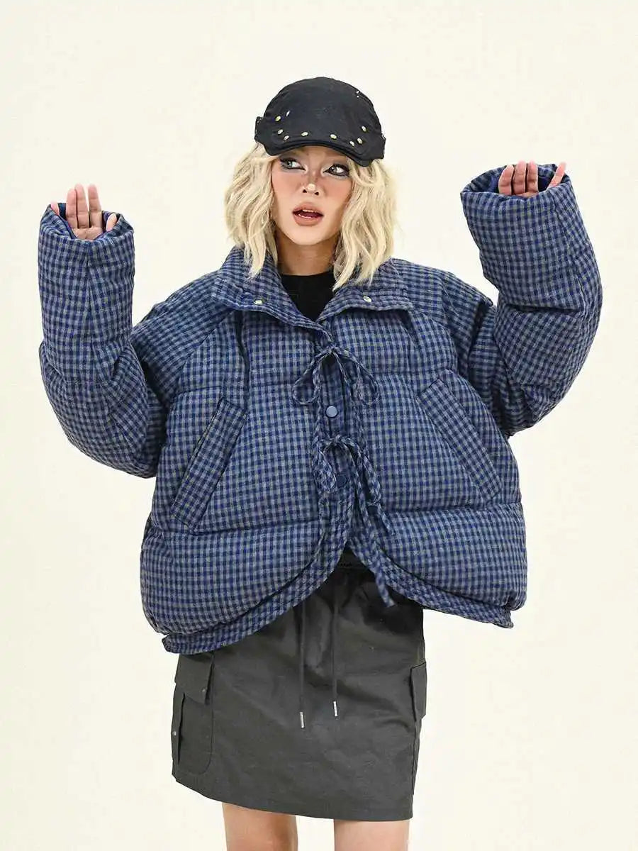 Women's Bow Tie Tie Plaid Jacket Vintage Style Autumn Winter New Solid Color Female Oversize Zipper Long Sleeves Coat