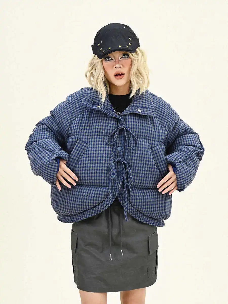 Women's Bow Tie Tie Plaid Jacket Vintage Style Autumn Winter New Solid Color Female Oversize Zipper Long Sleeves Coat