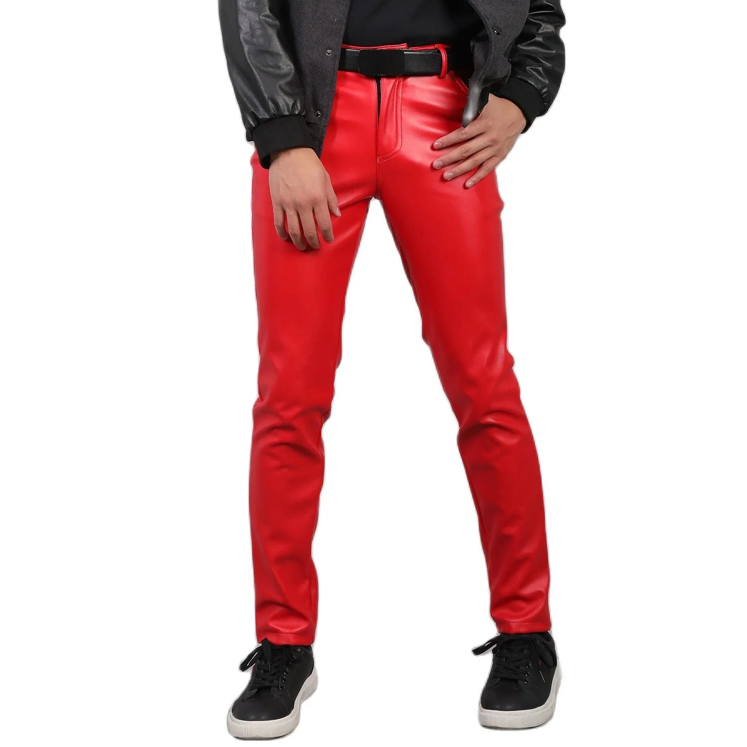 2024 New Men's Leather Pants Fashion Slim PU Trousers Red Blue Black Gray White Pantalones Hombre