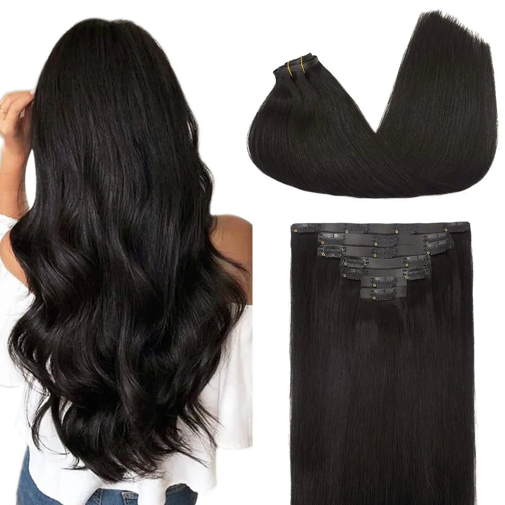 PU Clip in Extensions Human Hair Clip in Natural Thick Straight Hair Extensions Seamless Skin Weft Clip-on Hair Pieces 150G