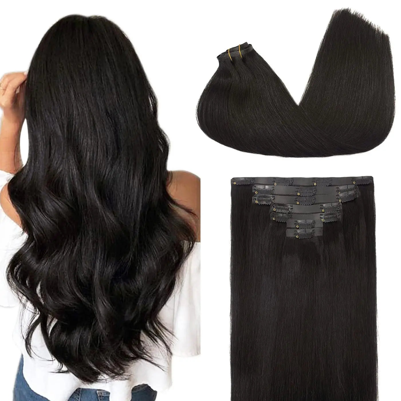 PU Clip in Extensions Human Hair Clip in Natural Thick Straight Hair Extensions Seamless Skin Weft Clip-on Hair Pieces 150G