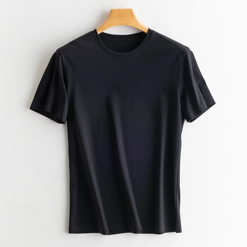Birdtree 7% Silk 62% Cotton Short Sleeve T-Shirt Men Thin Loose Breathable Basic Solid Cultural T-Shirt 2024 Summer T41479QC