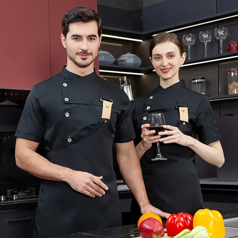White Chef Coat Logo short Sleeve Chef Jacket Apron for Summer Head Chef Uniform Restaurant Hotel Kitchen Pizza Cooking Clothes