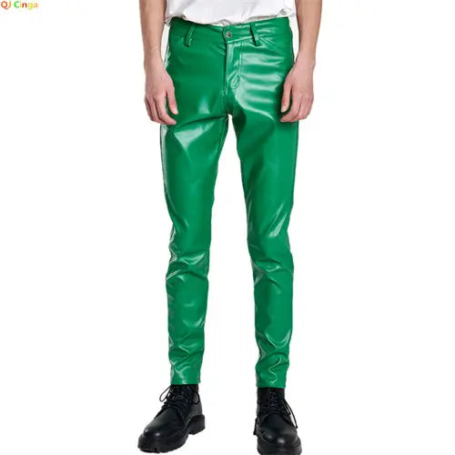 2024 New Men's Leather Pants Fashion Slim PU Trousers Red Blue Black Gray White Pantalones Hombre