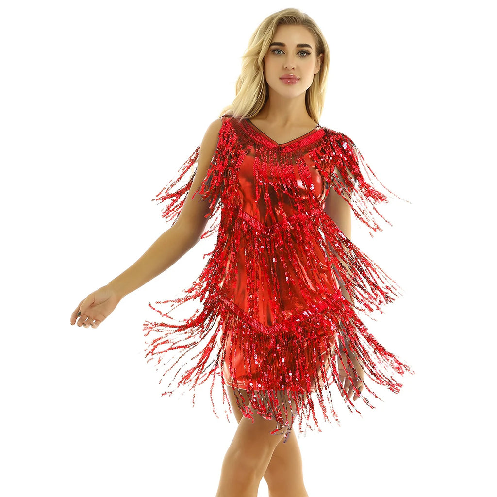 Tassel Fringe Sequin Latin Dance Dress Women Sexy Ballroom Salsa Tango Cha Cha Rumba Samba Outfits Dancewear