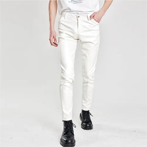 2024 New Men's Leather Pants Fashion Slim PU Trousers Red Blue Black Gray White Pantalones Hombre
