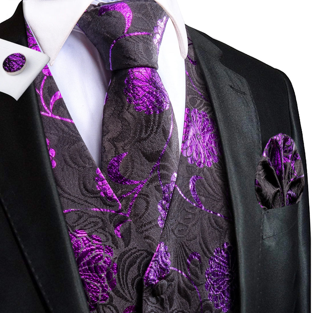 Hi-Tie Men's Silk Vests Fashion Dark Green Floral Jacquard Handkerchief Cufflinks Necktie Sleeveless Wistcoat Sets Wedding Party