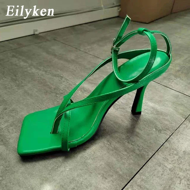 Square Toe Thin Heels Sandals Ankle Buckle