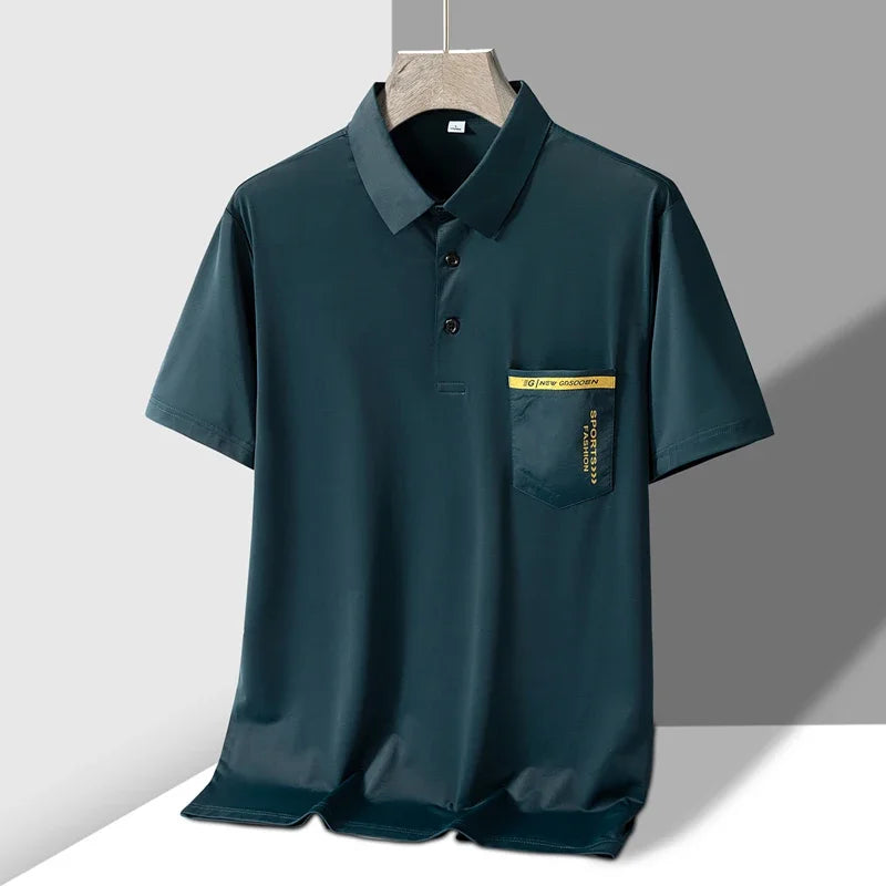 TFETTERS Brand New Summer 2025 Mens Polo Shirt Elasticity Short Sleeve Front Pocket Design Sport Golf Polo T Shirt Man