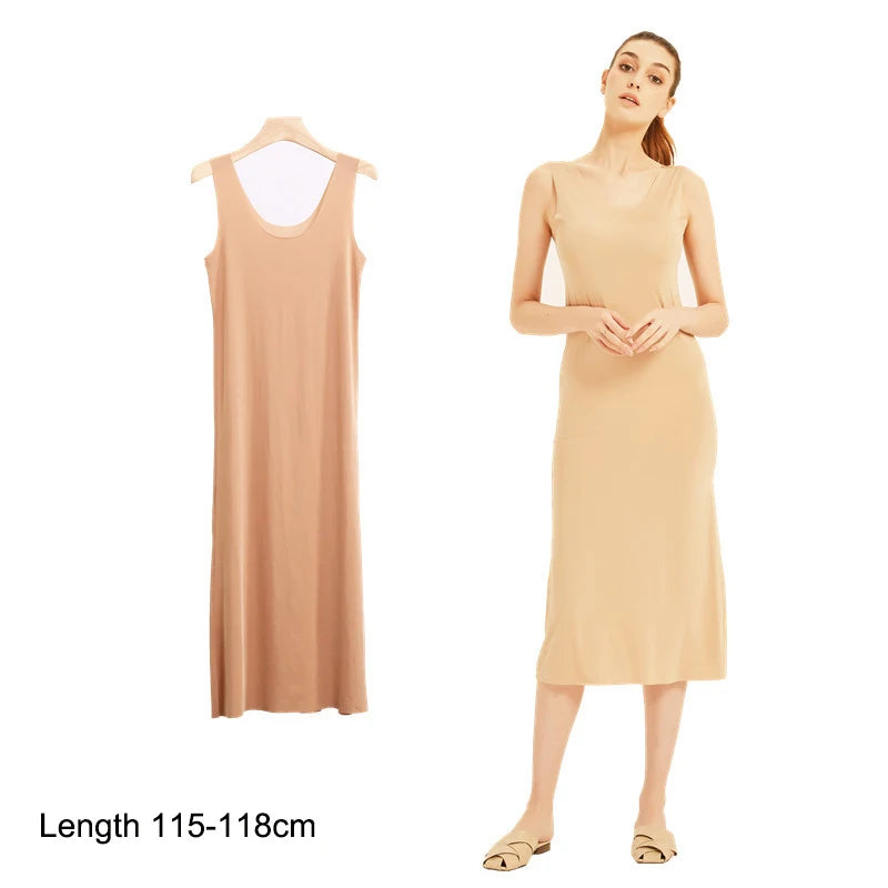 Plus Size Full Slips Dresses For Women Thin Seamless Ice Silk Summer Petticoat Underskirt Dress Sleeveless Inner Vest Dress 5XL