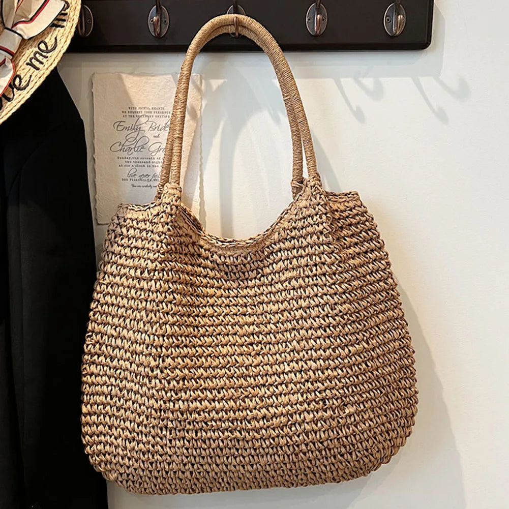 2024 Summer Daily Bag Women Vintage Shoulder Bag Hasp Closure Crochet Beach Handbag Solid Color Simple Weaving Handbag Ladies