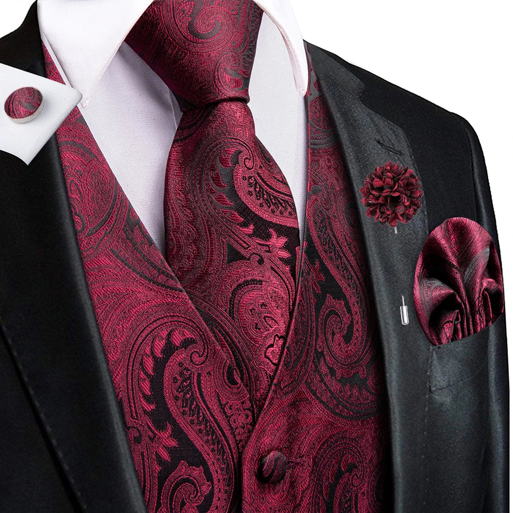Luxury Gold Black Silk Mens Vests Print Jacquard Waistcoat Tie Hanky Cufflinks Brooch Set for Men Wedding Formal Business Hi-Tie