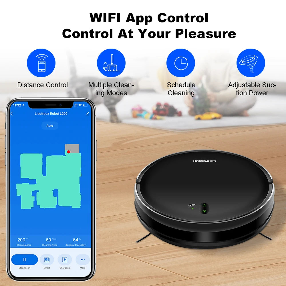 LIECTROUX L200 Robot Vacuum Cleaner & Wet Mop Combo,Smart Mapping,WiFi App,4KPa,Brushless Motor, Electric control water tank